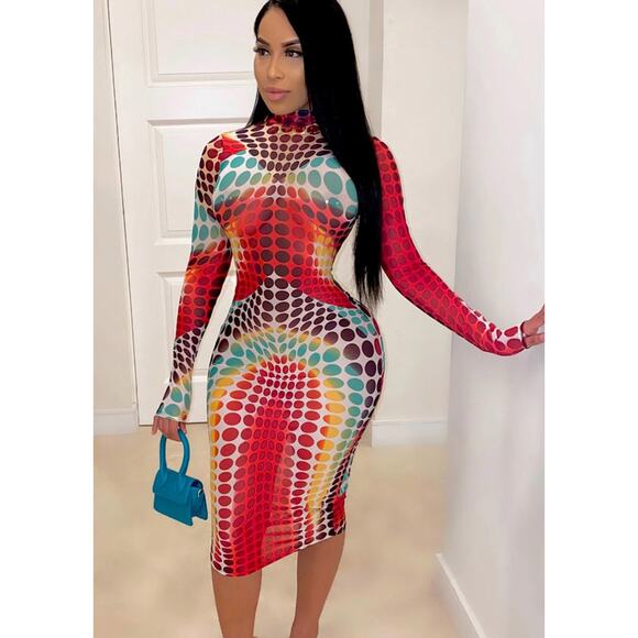 Long Sleeve Polka Dot Bodycon Midi Dress S - Picture 1 of 6